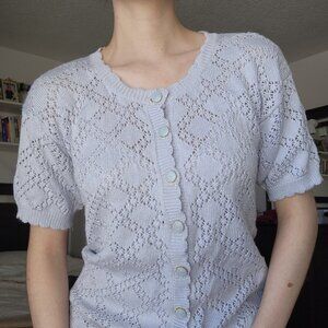 Vintage 70s pastel blue crochet short-sleeved button-up cardigan ✦ coastal grand
